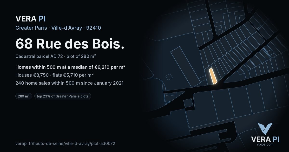 68 Rue des Bois, Ville-d'Avray at night – the plot lit, the parcels around coloured by the prices near them