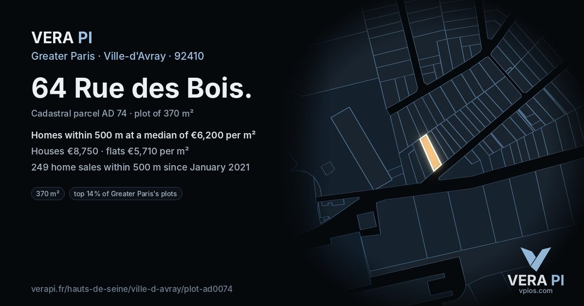 64 Rue des Bois, Ville-d'Avray at night – the plot lit, the parcels around coloured by the prices near them