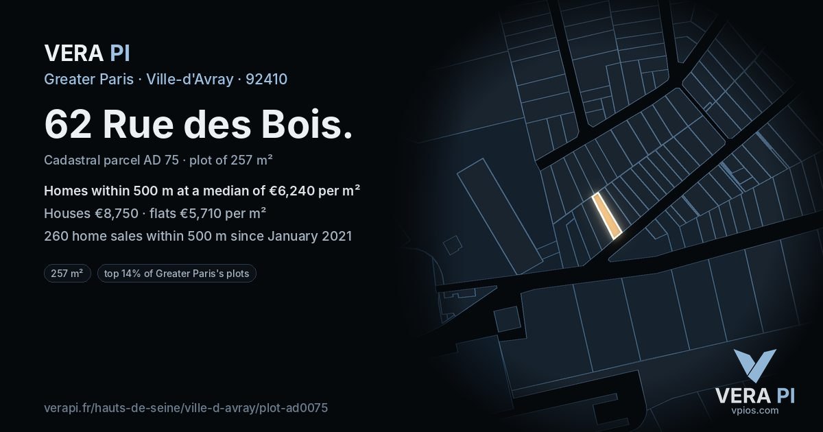 62 Rue des Bois, Ville-d'Avray at night – the plot lit, the parcels around coloured by the prices near them