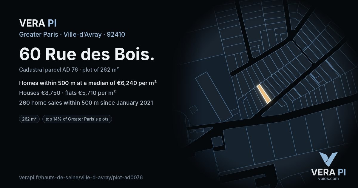 60 Rue des Bois, Ville-d'Avray at night – the plot lit, the parcels around coloured by the prices near them