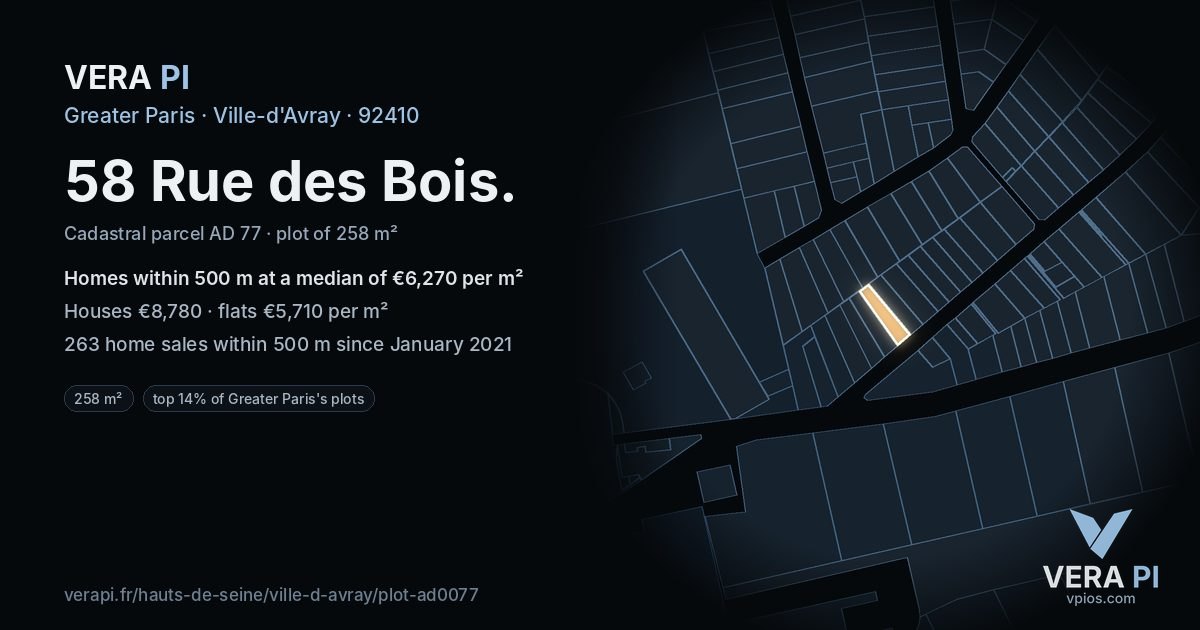 58 Rue des Bois, Ville-d'Avray at night – the plot lit, the parcels around coloured by the prices near them