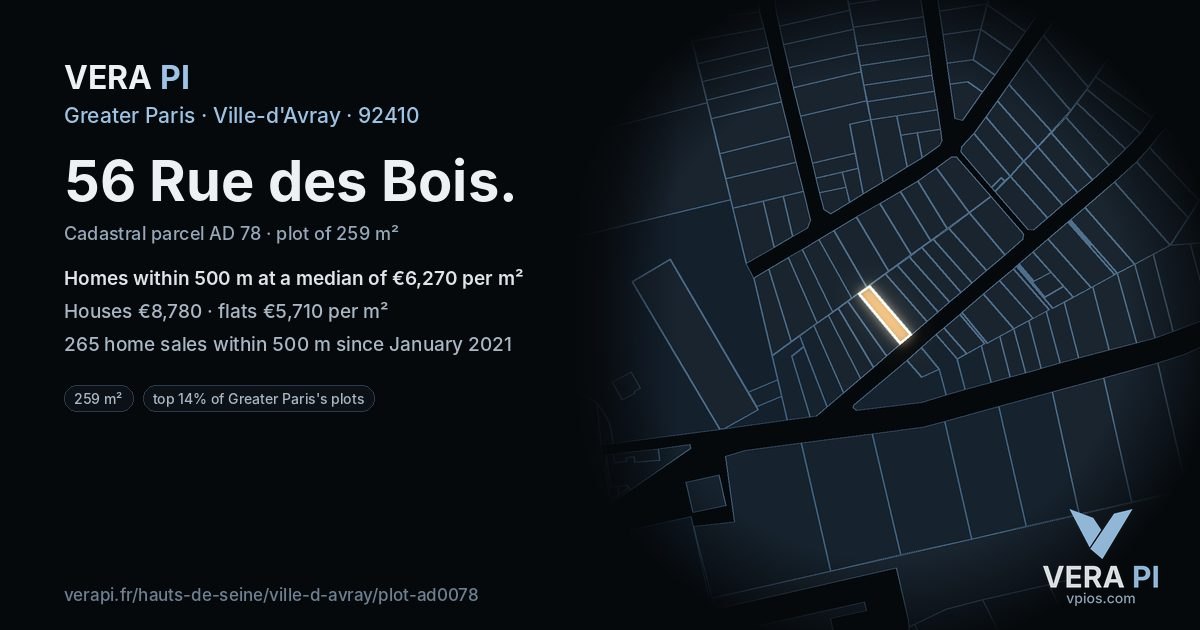 56 Rue des Bois, Ville-d'Avray at night – the plot lit, the parcels around coloured by the prices near them