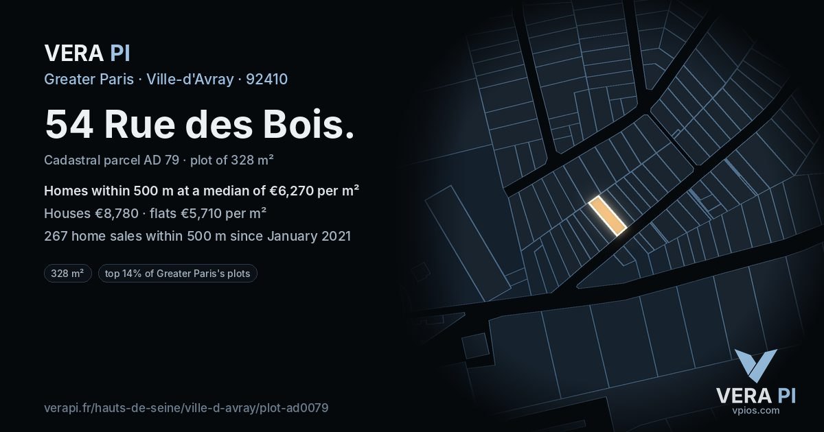 54 Rue des Bois, Ville-d'Avray at night – the plot lit, the parcels around coloured by the prices near them