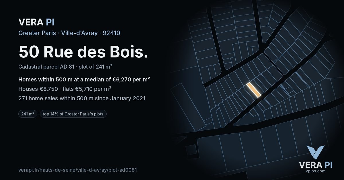 50 Rue des Bois, Ville-d'Avray at night – the plot lit, the parcels around coloured by the prices near them