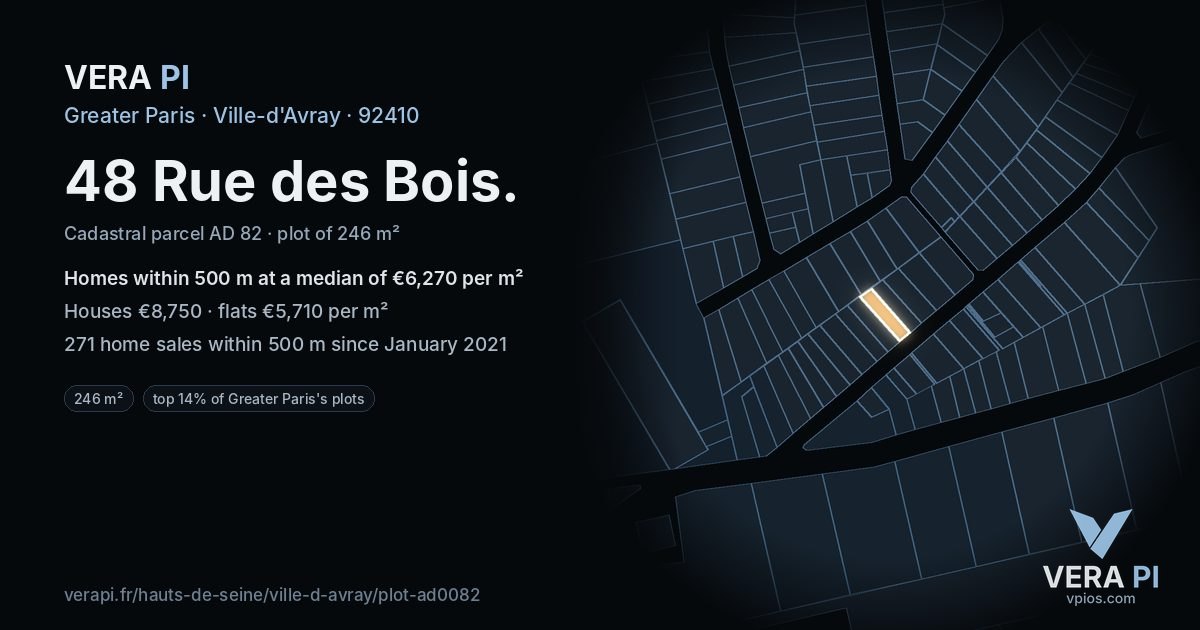 48 Rue des Bois, Ville-d'Avray at night – the plot lit, the parcels around coloured by the prices near them