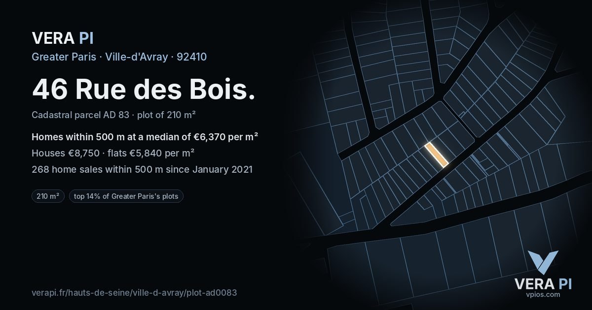 46 Rue des Bois, Ville-d'Avray at night – the plot lit, the parcels around coloured by the prices near them