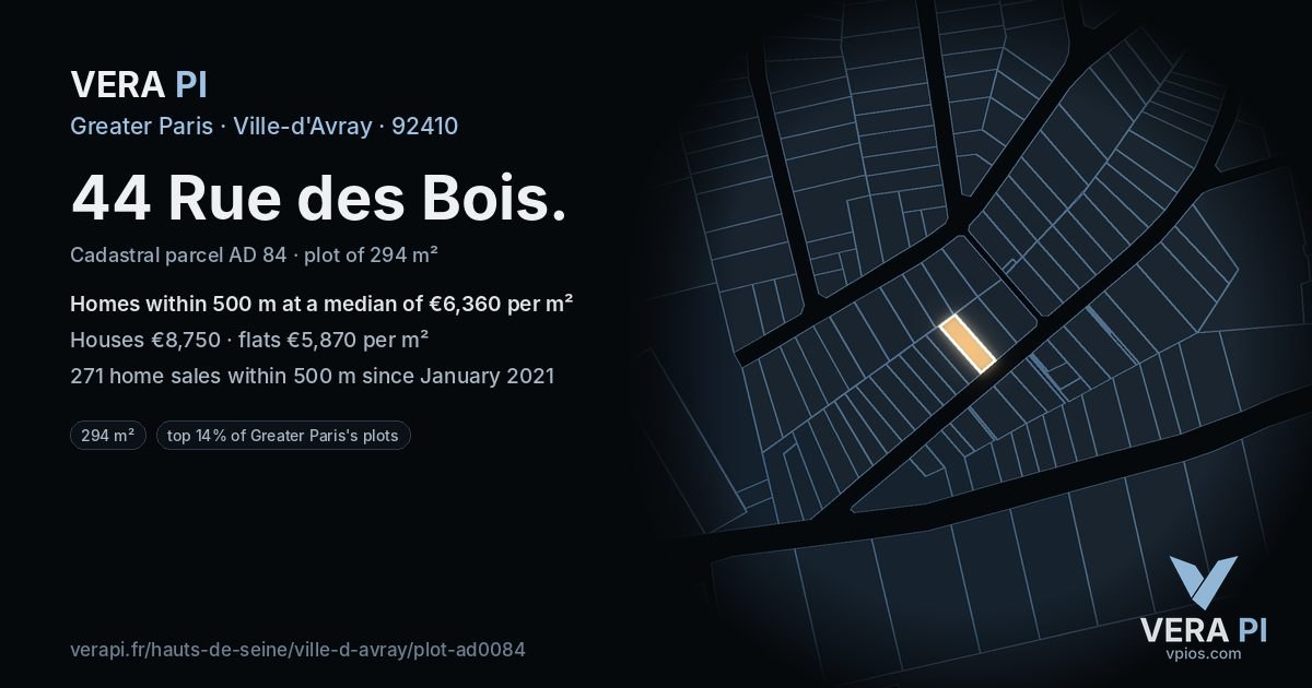 44 Rue des Bois, Ville-d'Avray at night – the plot lit, the parcels around coloured by the prices near them