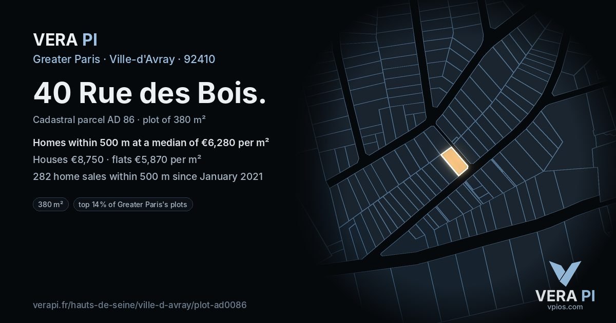 40 Rue des Bois, Ville-d'Avray at night – the plot lit, the parcels around coloured by the prices near them