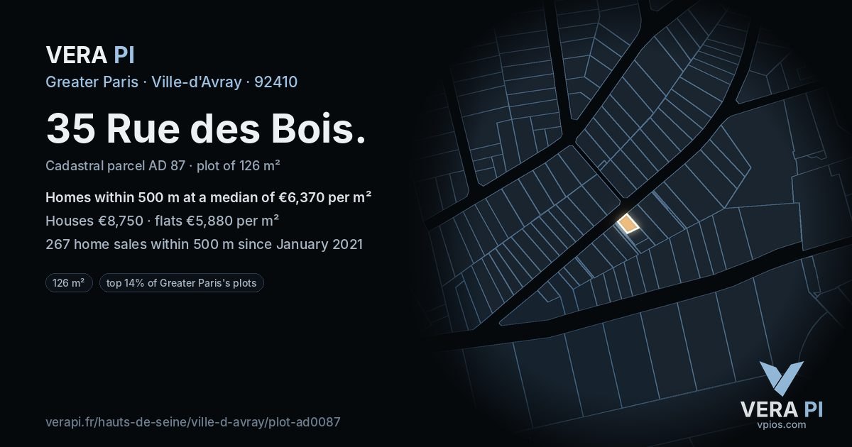 35 Rue des Bois, Ville-d'Avray at night – the plot lit, the parcels around coloured by the prices near them
