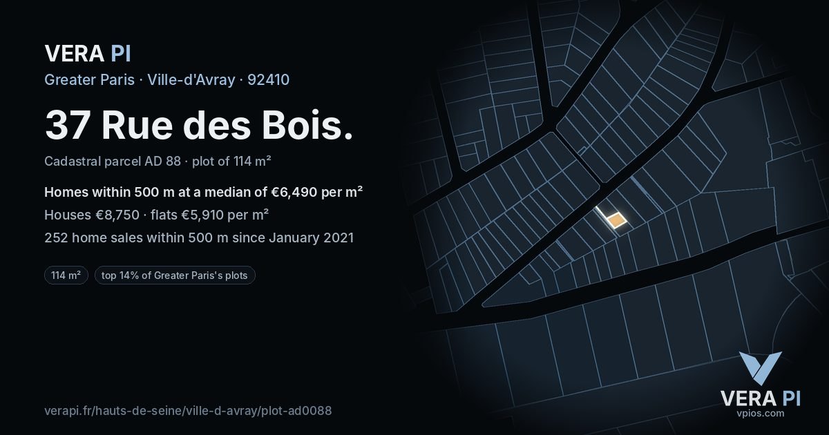 37 Rue des Bois, Ville-d'Avray at night – the plot lit, the parcels around coloured by the prices near them