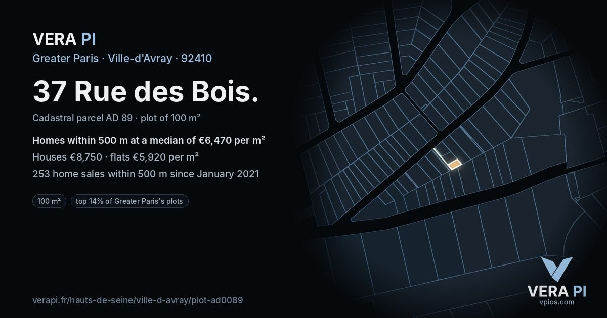 37 Rue des Bois, Ville-d'Avray at night – the plot lit, the parcels around coloured by the prices near them