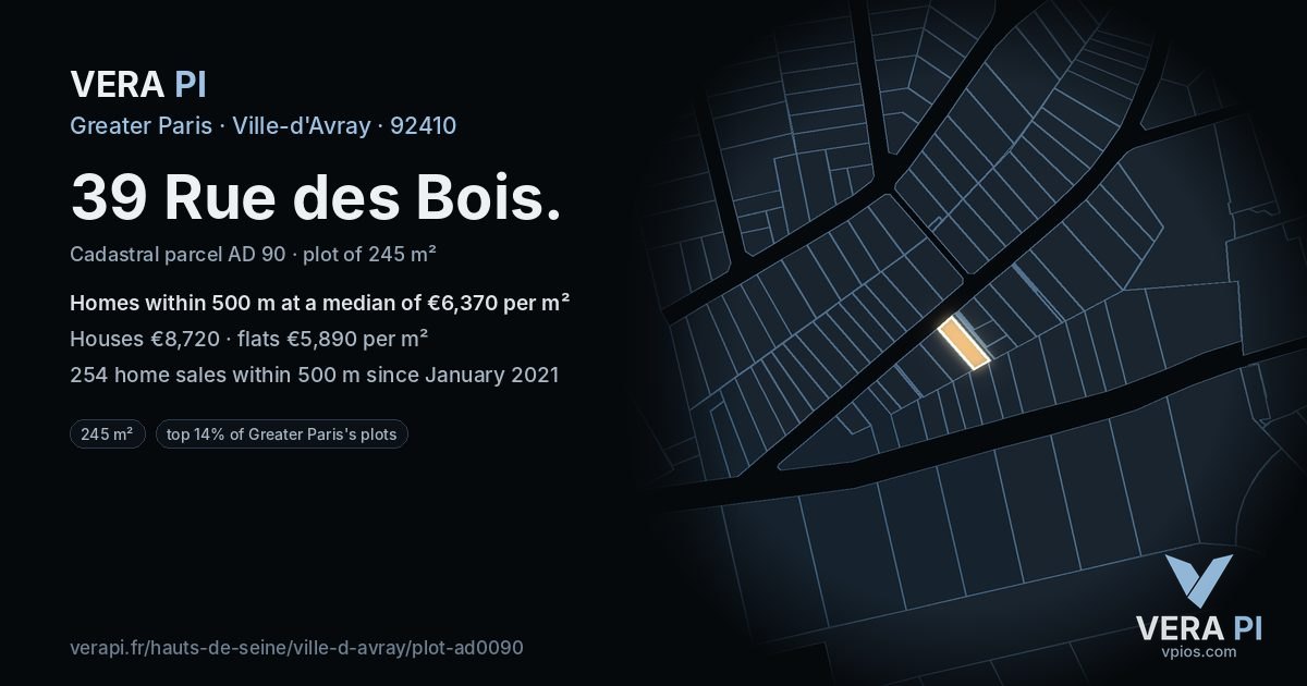 39 Rue des Bois, Ville-d'Avray at night – the plot lit, the parcels around coloured by the prices near them