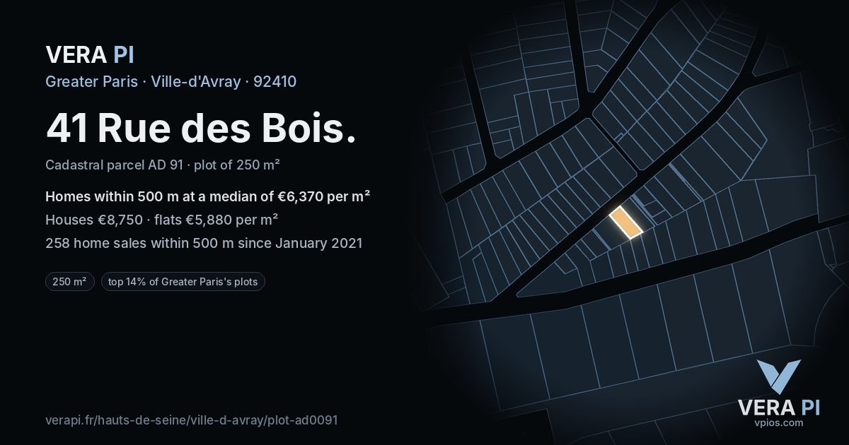 41 Rue des Bois, Ville-d'Avray at night – the plot lit, the parcels around coloured by the prices near them
