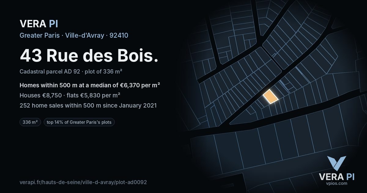 43 Rue des Bois, Ville-d'Avray at night – the plot lit, the parcels around coloured by the prices near them