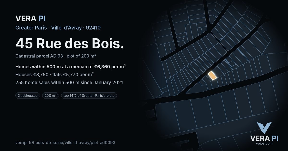 45 Rue des Bois, Ville-d'Avray at night – the plot lit, the parcels around coloured by the prices near them