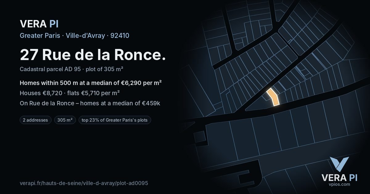 27 Rue de la Ronce, Ville-d'Avray at night – the plot lit, the parcels around coloured by the prices near them