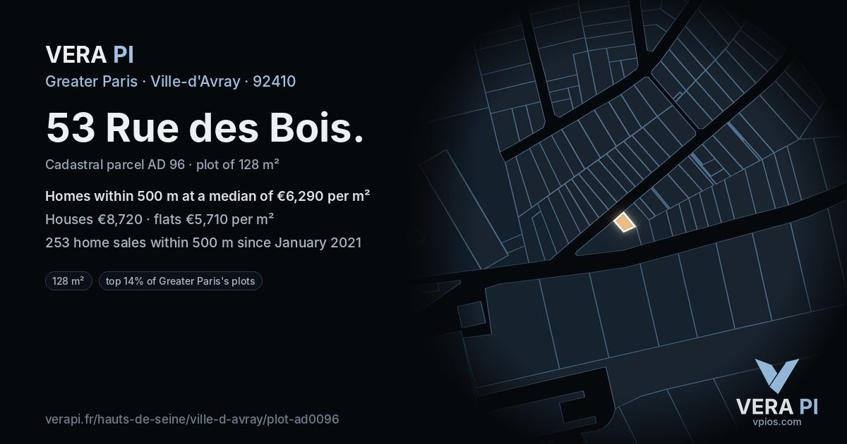 53 Rue des Bois, Ville-d'Avray at night – the plot lit, the parcels around coloured by the prices near them