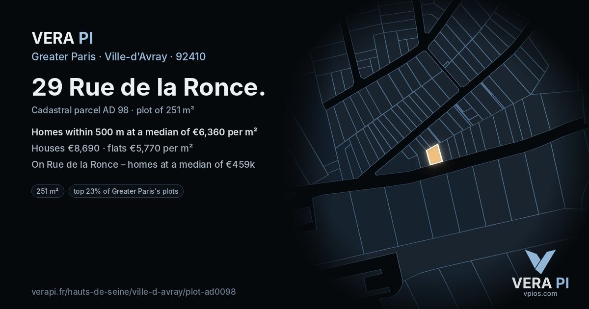29 Rue de la Ronce, Ville-d'Avray at night – the plot lit, the parcels around coloured by the prices near them