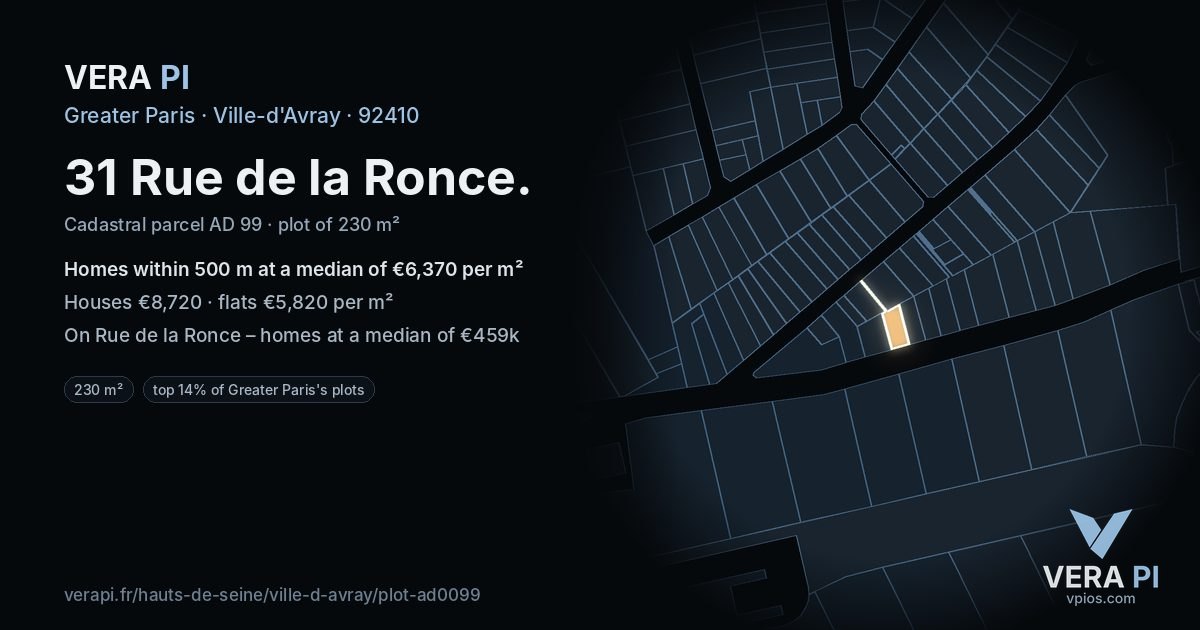 31 Rue de la Ronce, Ville-d'Avray at night – the plot lit, the parcels around coloured by the prices near them