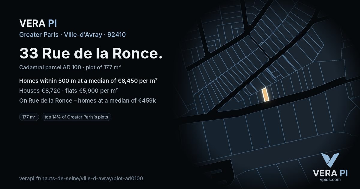 33 Rue de la Ronce, Ville-d'Avray at night – the plot lit, the parcels around coloured by the prices near them
