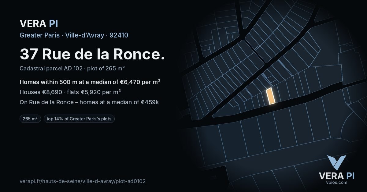 37 Rue de la Ronce, Ville-d'Avray at night – the plot lit, the parcels around coloured by the prices near them