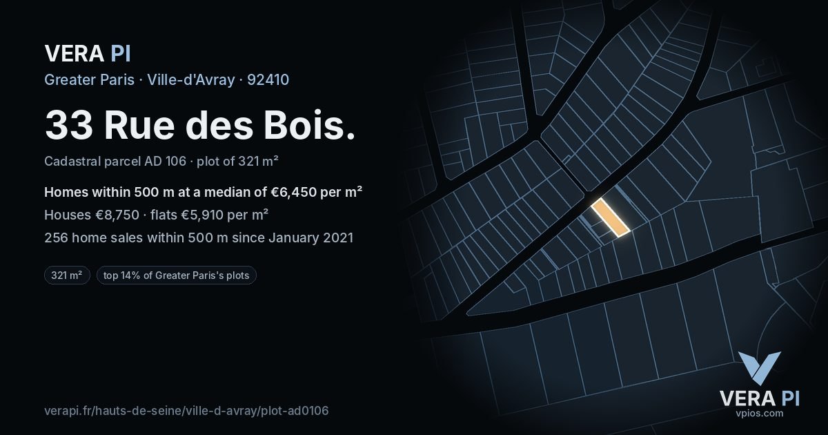 33 Rue des Bois, Ville-d'Avray at night – the plot lit, the parcels around coloured by the prices near them