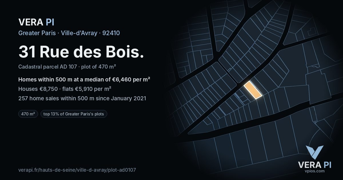 31 Rue des Bois, Ville-d'Avray at night – the plot lit, the parcels around coloured by the prices near them