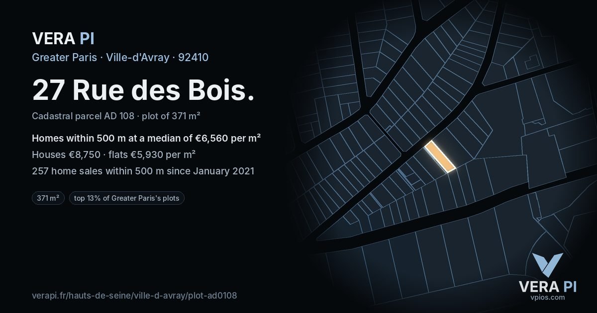 27 Rue des Bois, Ville-d'Avray at night – the plot lit, the parcels around coloured by the prices near them