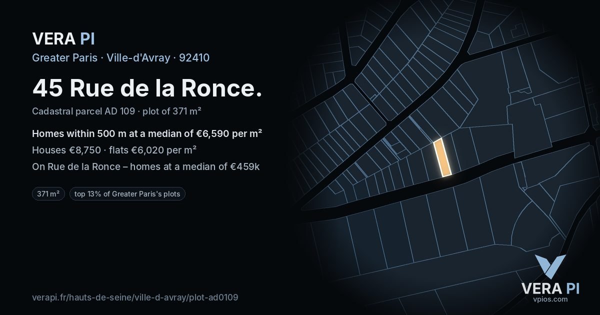 45 Rue de la Ronce, Ville-d'Avray at night – the plot lit, the parcels around coloured by the prices near them