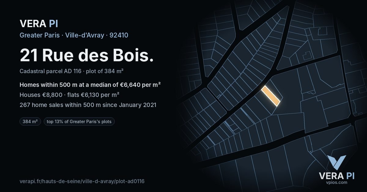 21 Rue des Bois, Ville-d'Avray at night – the plot lit, the parcels around coloured by the prices near them
