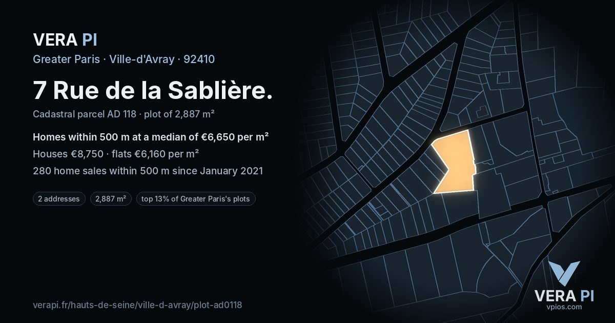 7 Rue de la Sablière, Ville-d'Avray at night – the plot lit, the parcels around coloured by the prices near them