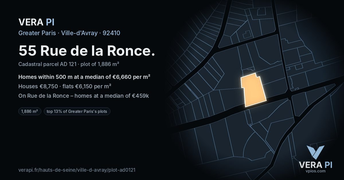 55 Rue de la Ronce, Ville-d'Avray at night – the plot lit, the parcels around coloured by the prices near them
