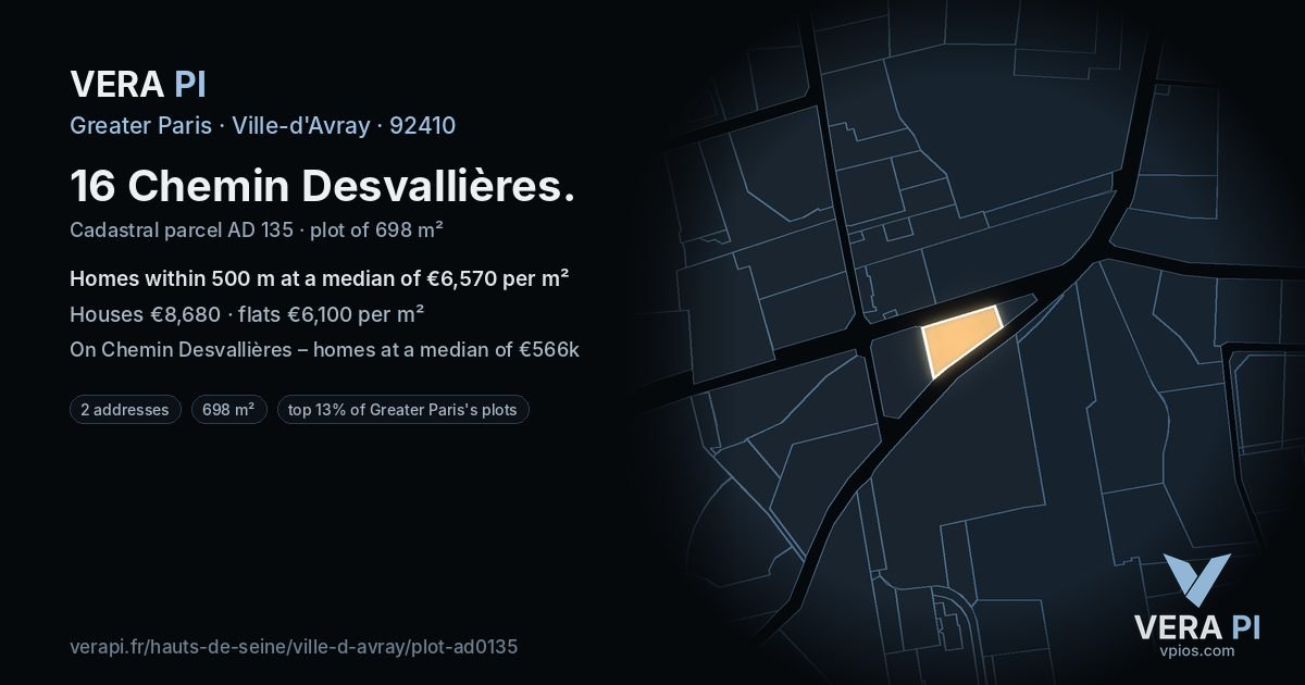 16 Chemin Desvallières, Ville-d'Avray at night – the plot lit, the parcels around coloured by the prices near them
