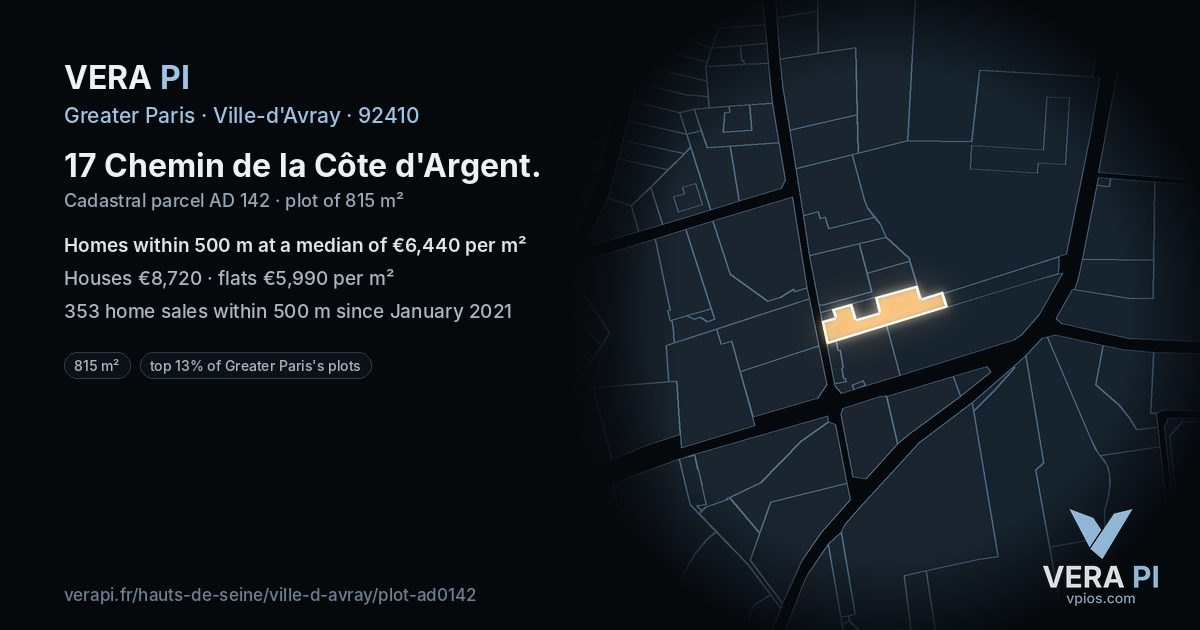 17 Chemin de la Côte d'Argent, Ville-d'Avray at night – the plot lit, the parcels around coloured by the prices near them