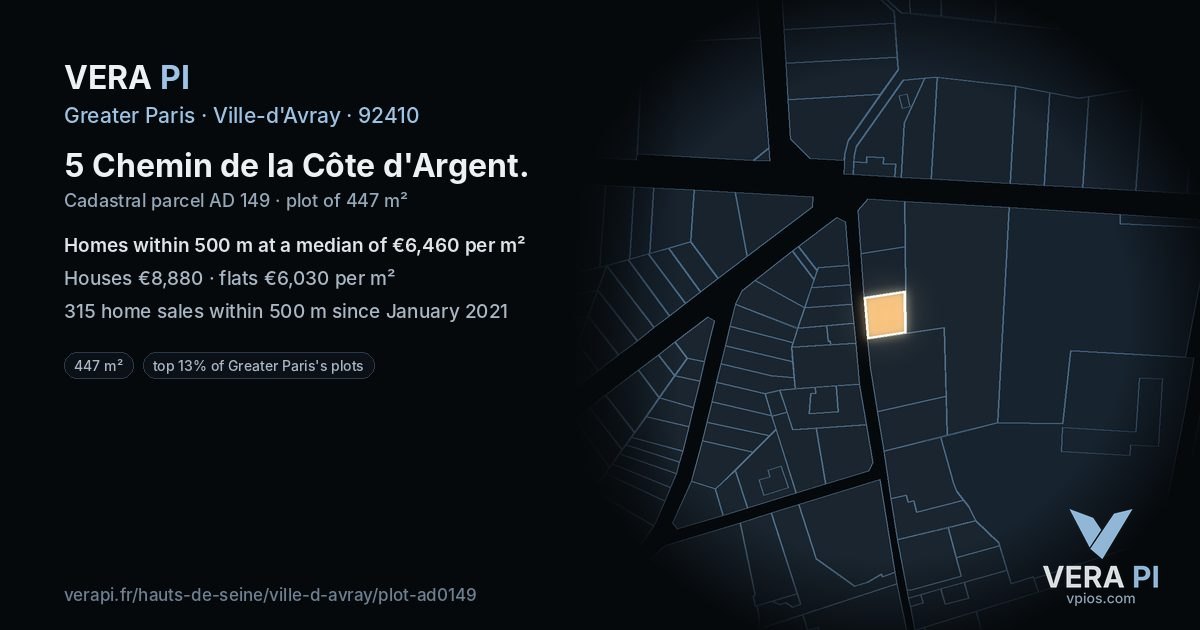 5 Chemin de la Côte d'Argent, Ville-d'Avray at night – the plot lit, the parcels around coloured by the prices near them