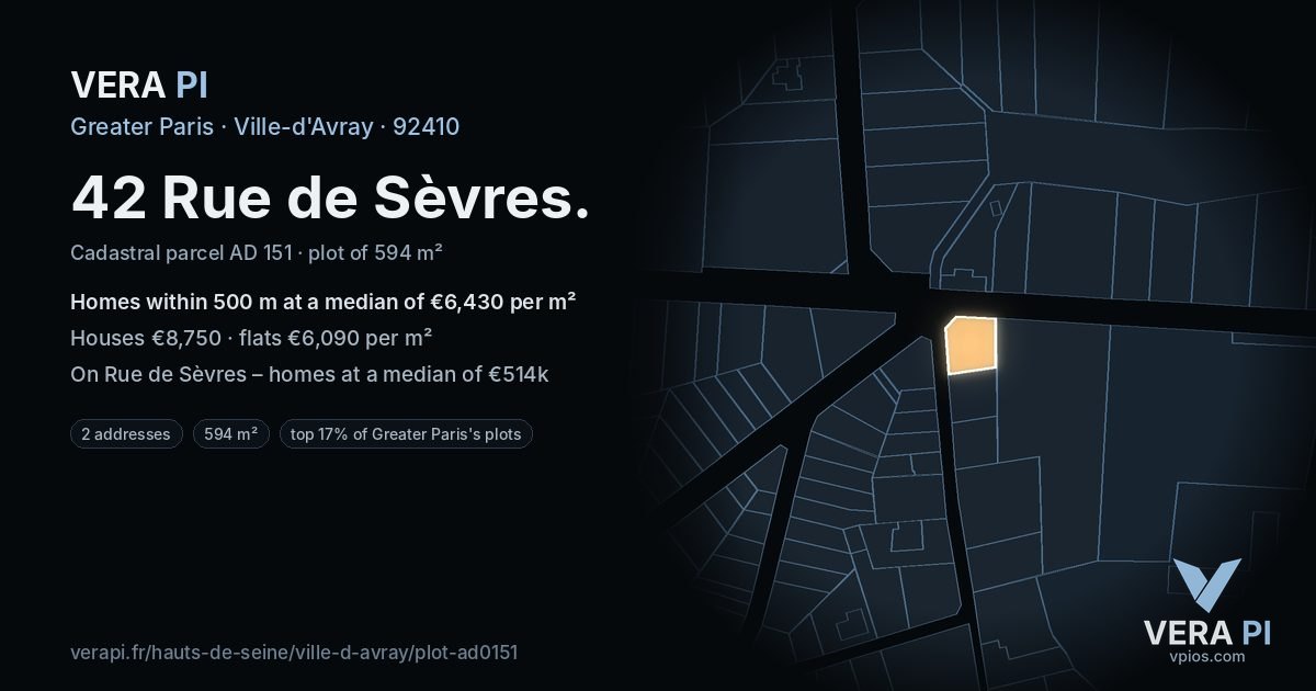42 Rue de Sèvres, Ville-d'Avray at night – the plot lit, the parcels around coloured by the prices near them