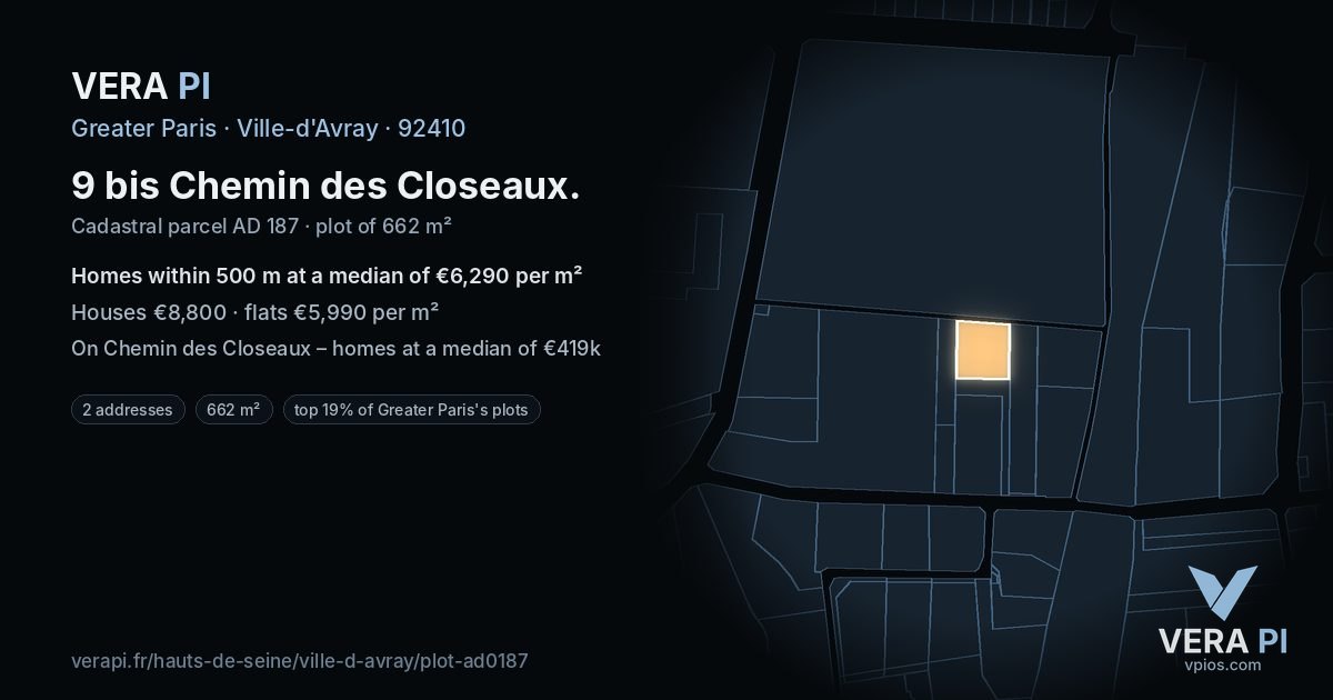 9 bis Chemin des Closeaux, Ville-d'Avray at night – the plot lit, the parcels around coloured by the prices near them
