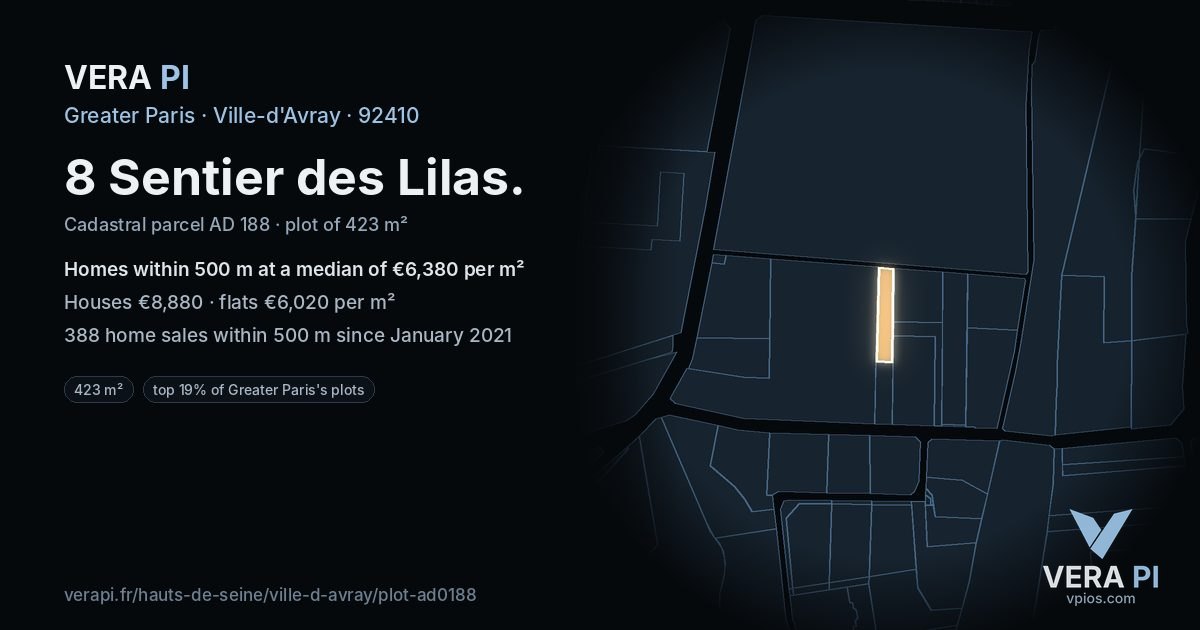 8 Sentier des Lilas, Ville-d'Avray at night – the plot lit, the parcels around coloured by the prices near them
