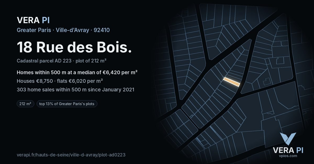 18 Rue des Bois, Ville-d'Avray at night – the plot lit, the parcels around coloured by the prices near them