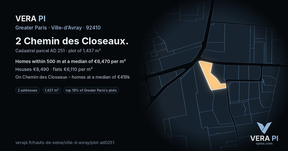 2 Chemin des Closeaux, Ville-d'Avray at night – the plot lit, the parcels around coloured by the prices near them