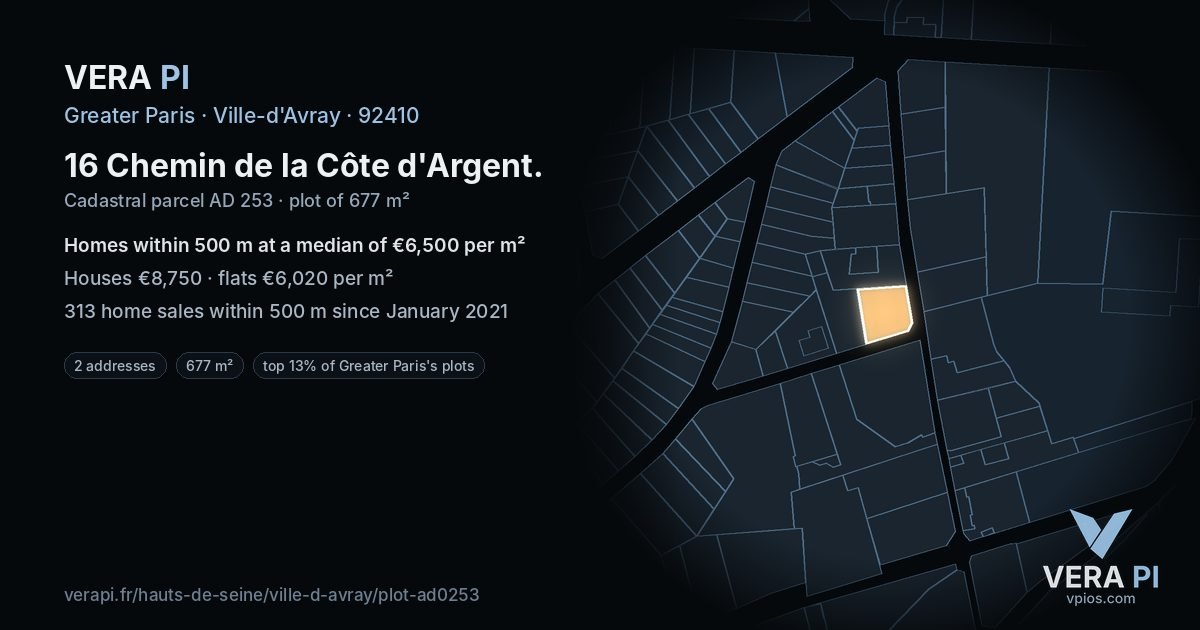 16 Chemin de la Côte d'Argent, Ville-d'Avray at night – the plot lit, the parcels around coloured by the prices near them