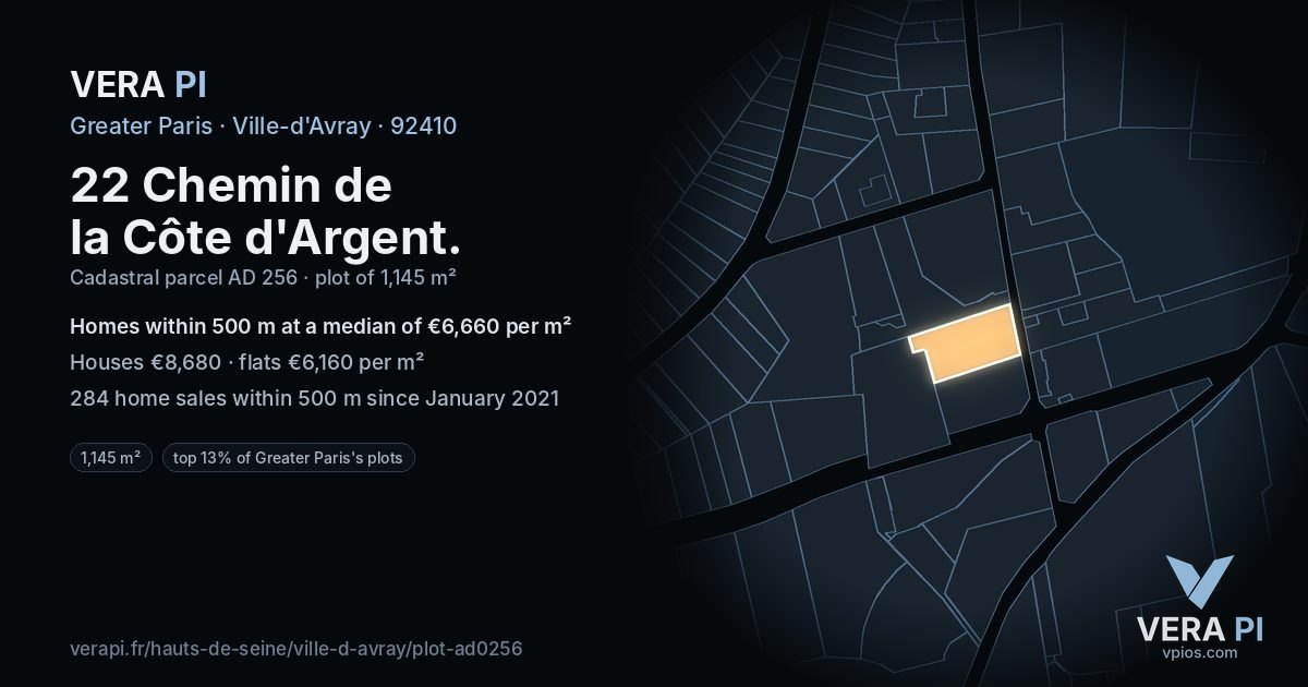 22 Chemin de la Côte d'Argent, Ville-d'Avray at night – the plot lit, the parcels around coloured by the prices near them