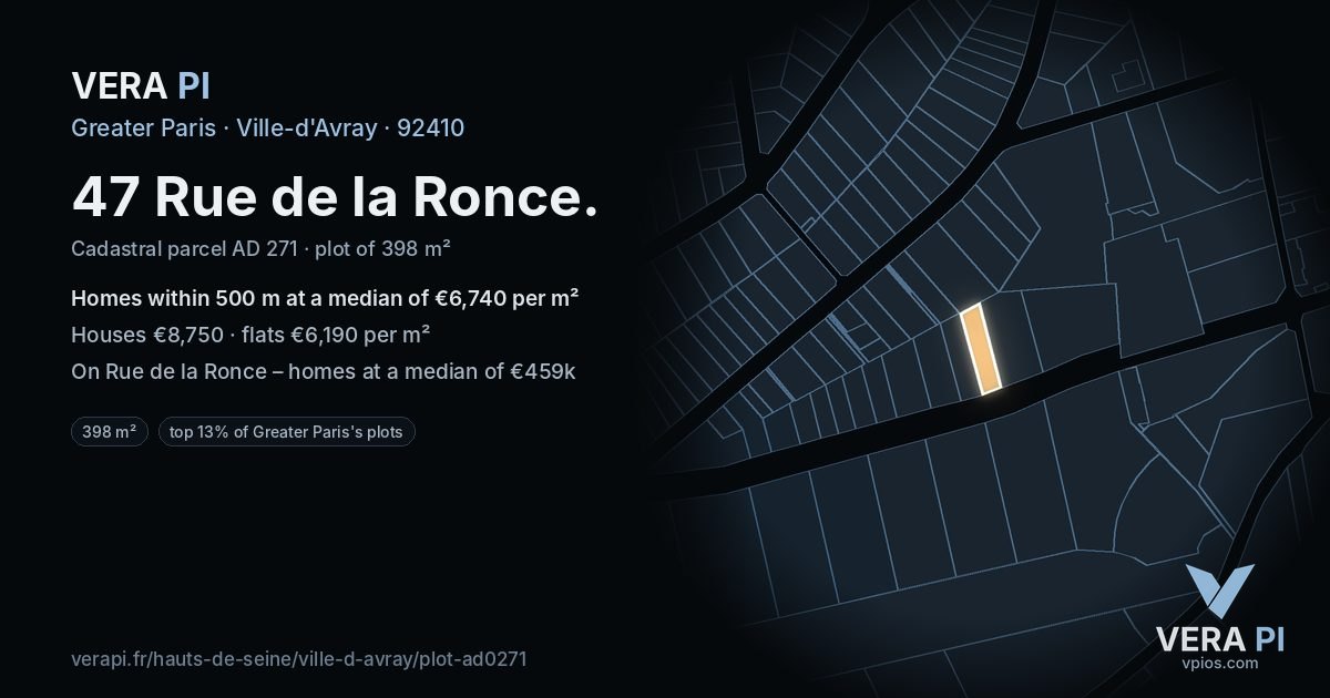 47 Rue de la Ronce, Ville-d'Avray at night – the plot lit, the parcels around coloured by the prices near them