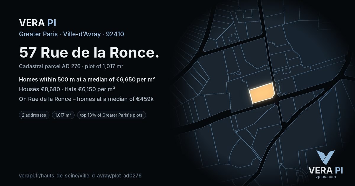 57 Rue de la Ronce, Ville-d'Avray at night – the plot lit, the parcels around coloured by the prices near them