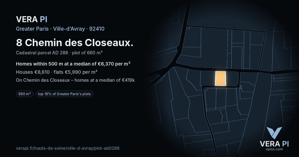 8 Chemin des Closeaux, Ville-d'Avray at night – the plot lit, the parcels around coloured by the prices near them