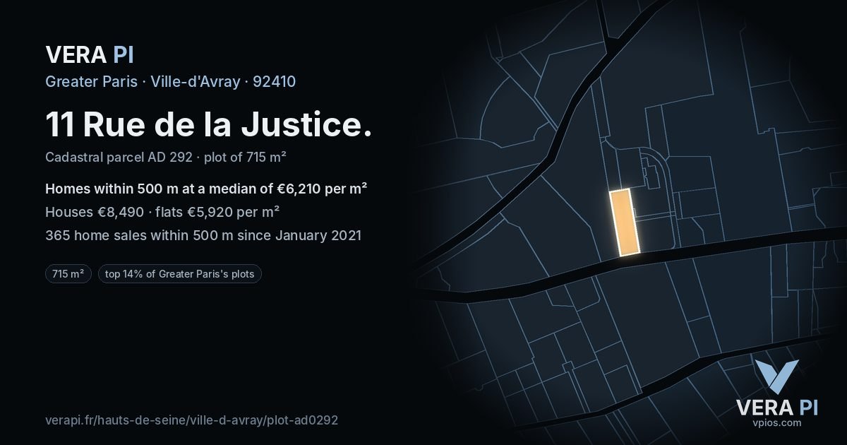 11 Rue de la Justice, Ville-d'Avray at night – the plot lit, the parcels around coloured by the prices near them