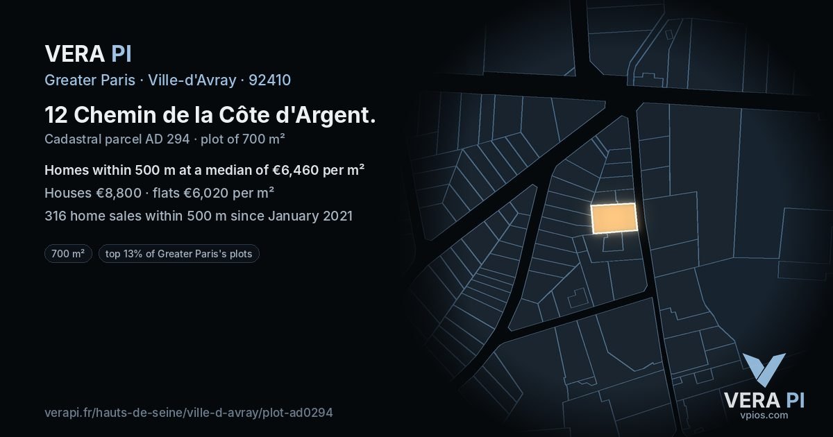 12 Chemin de la Côte d'Argent, Ville-d'Avray at night – the plot lit, the parcels around coloured by the prices near them
