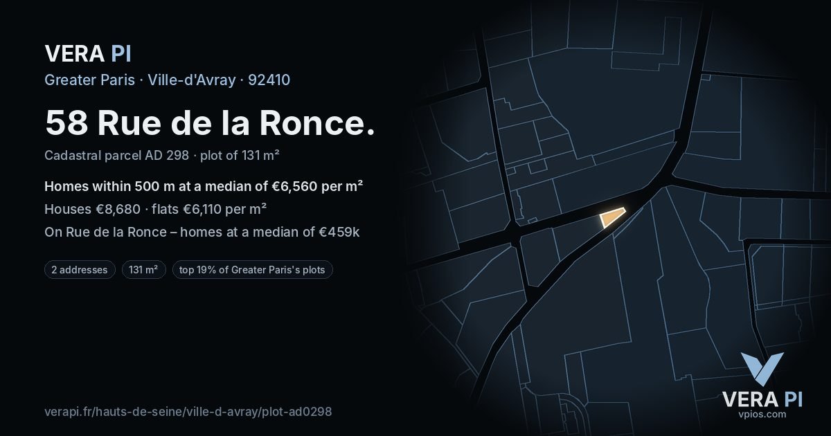 58 Rue de la Ronce, Ville-d'Avray at night – the plot lit, the parcels around coloured by the prices near them