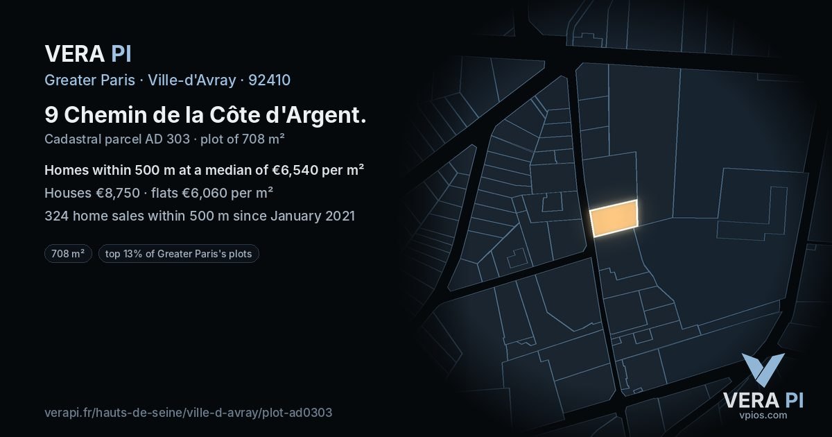 9 Chemin de la Côte d'Argent, Ville-d'Avray at night – the plot lit, the parcels around coloured by the prices near them