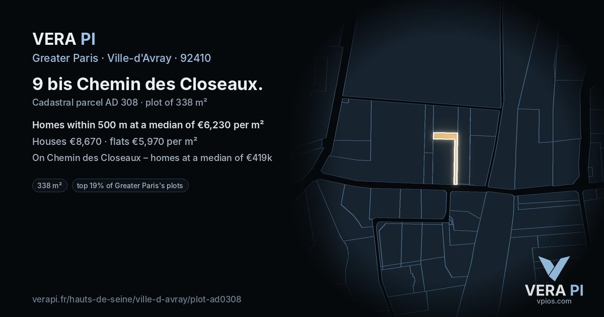 9 bis Chemin des Closeaux, Ville-d'Avray at night – the plot lit, the parcels around coloured by the prices near them